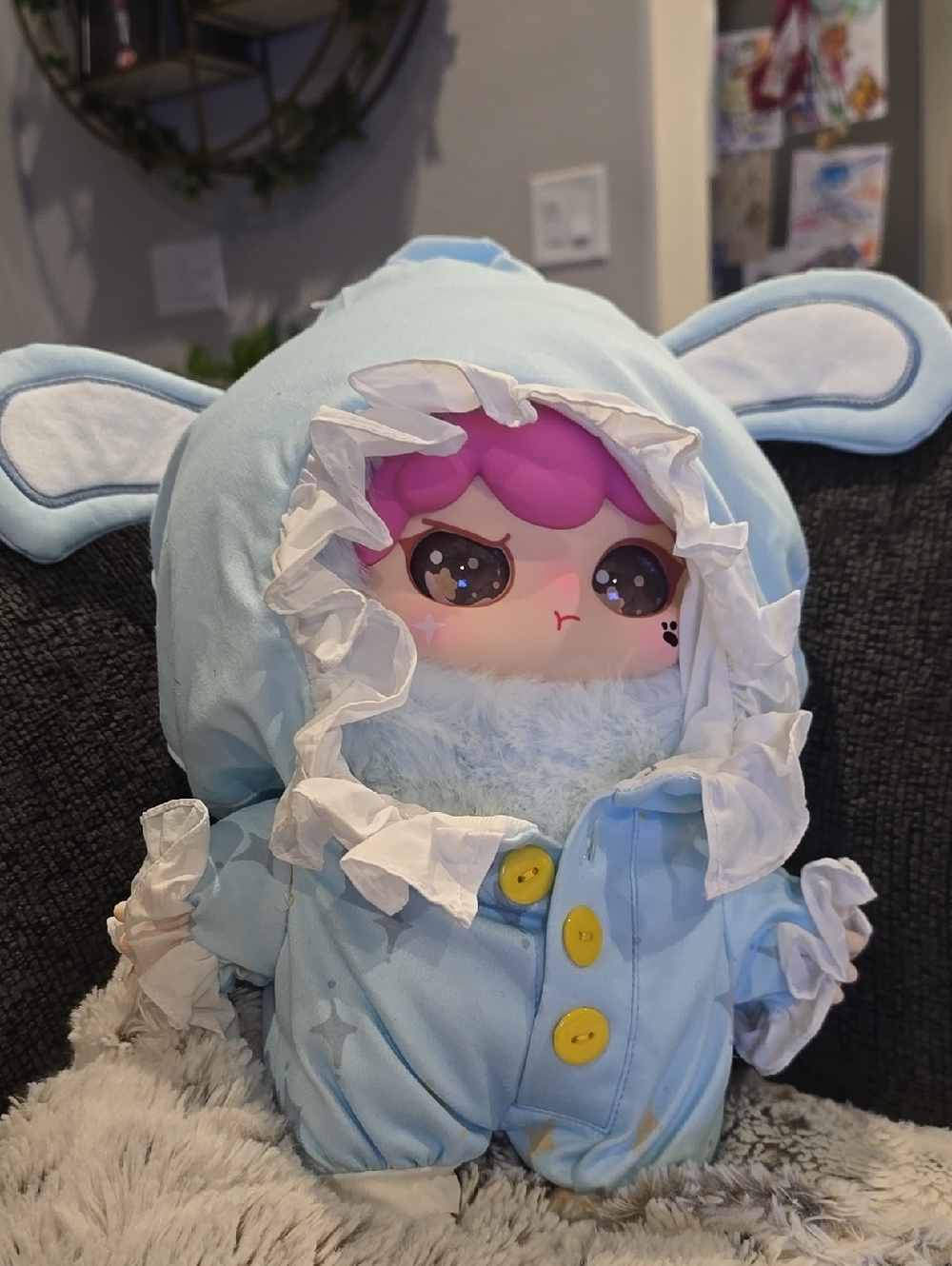Kawaii Pink-Haired Plush in Light Blue Bunny Outfit